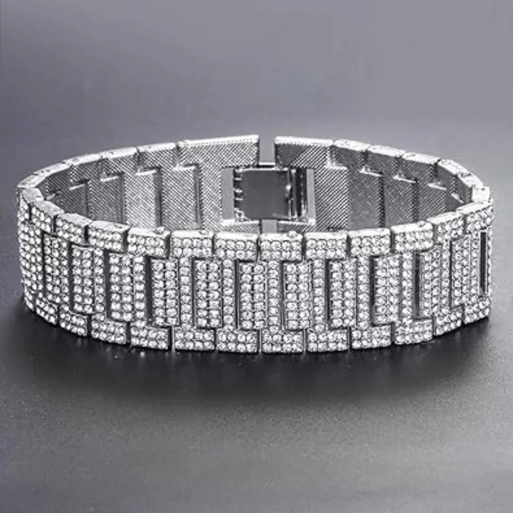 Men's Heavy Bling‎ Bracelet Bangle Silver with CZ Diamonds
